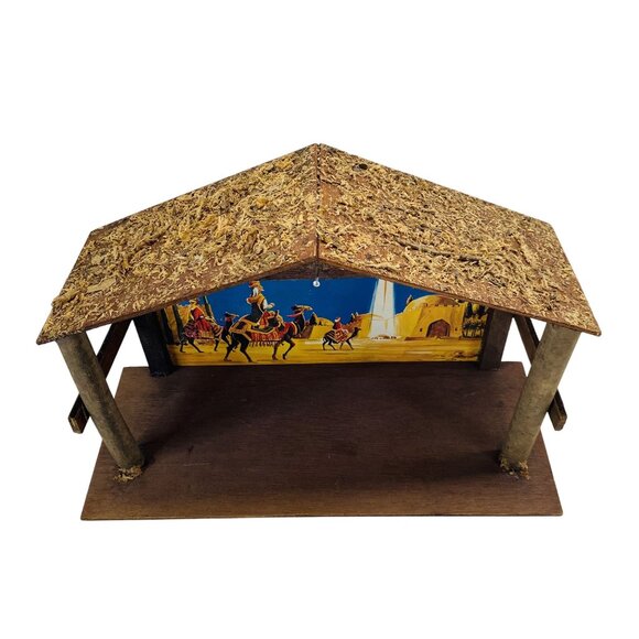 Handcrafted Wooden Nativity Stable With Straw Roof & Colorful Night Scene Backdr - Picture 2 of 6